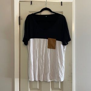 Black and white tee with brown pocket